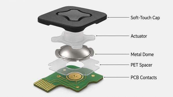 automotive soft-touch button materials stack with metal dome
