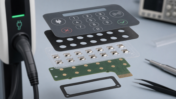 EV charger keypad stack-up with metal dome array and PCB contact pads