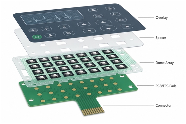 ECG machine keypad stack-up with metal dome array overlay spacer and PCB FPC pads