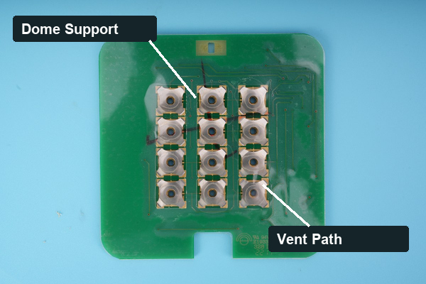 Flex membrane circuit contact pads, dome support and vent path