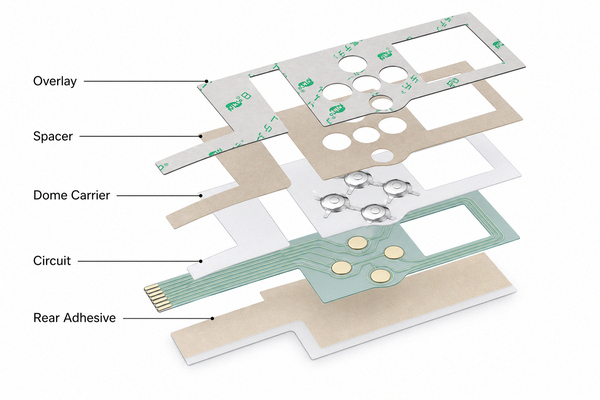 Exploded flex membrane circuit stack-up with overlay, dome carrier, spacer, FPC and adhesive