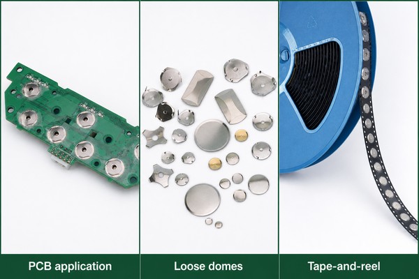Metal domes in PCB application loose packaging and tape-and-reel packaging