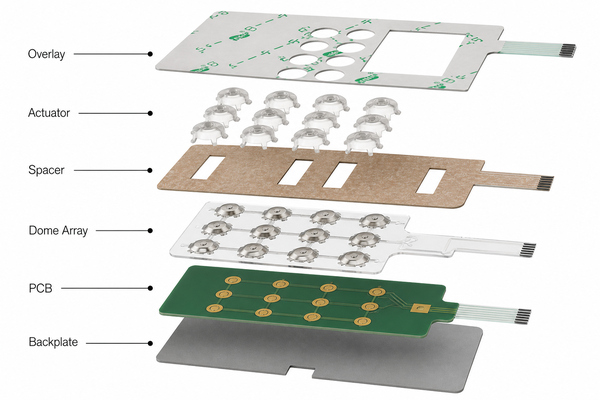 Exploded keypad stack with overlay actuator key dome array and PCB