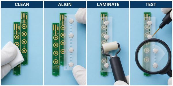 Four-step metal dome array installation process: clean, align, laminate and test