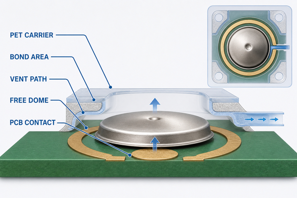 Cross-section showing PET carrier, adhesive bond area, free metal dome, vent path and PCB contact