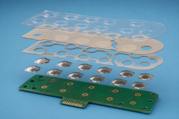 Metal dome array stack showing PET carrier, adhesive, spacer, vent path and PCB pads
