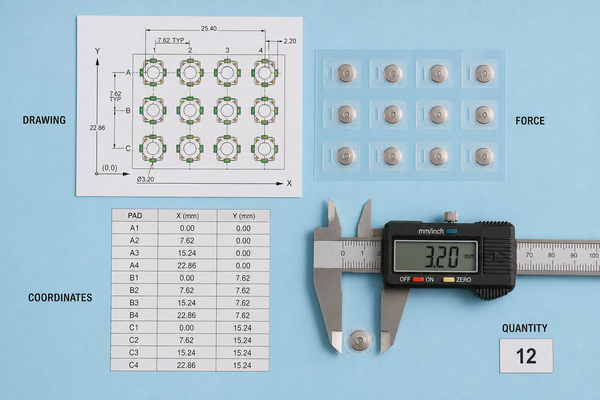 Metal dome RFQ drawing package with coordinates, force data, revision and quantity fields