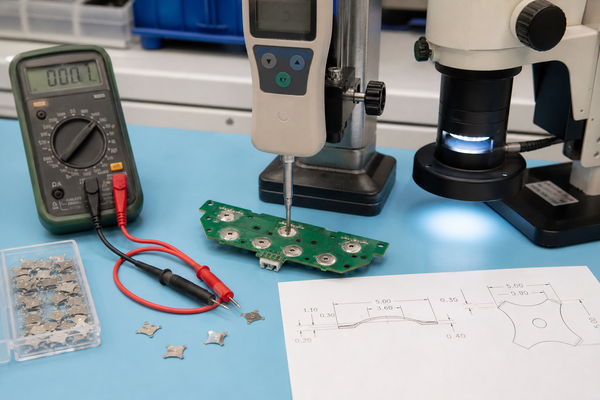 Metal dome sample review using dimensional inspection, force testing and electrical continuity checks