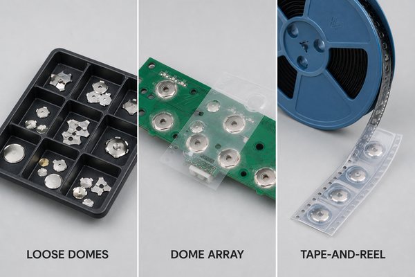 Loose metal dome dome array and tape-and-reel assembly options