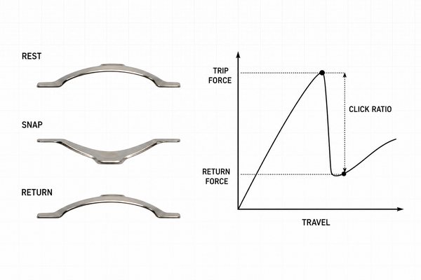 Metal dome trip force return force travel and click ratio