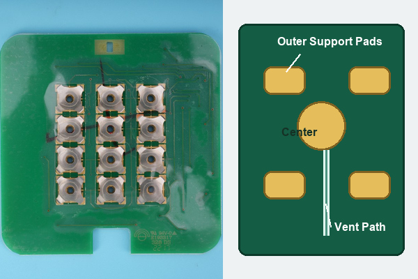 Metallic dome PCB center contact, support pads and vent path