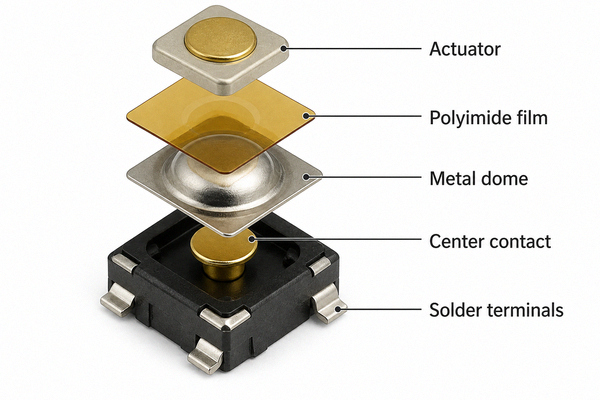 SMD metal dome switch construction with terminals, dome, film and actuator