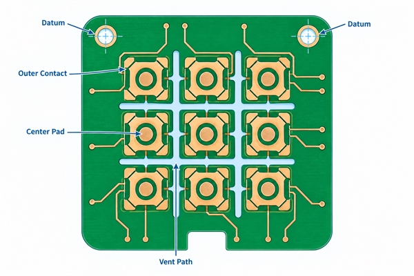 3x3 PCB contact pad layout for nine tactile dome positions