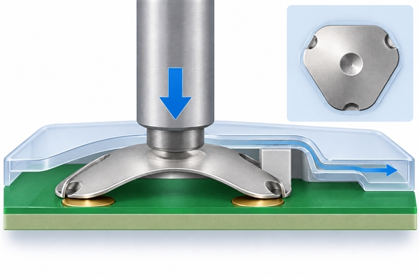 Centered actuator and controlled vent path above a 9 mm triangle metal dome