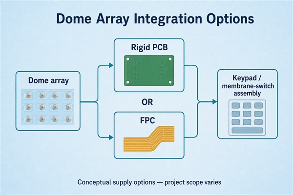 Conceptual integration diagram showing PCB and FPC as alternative circuit options for dome arrays