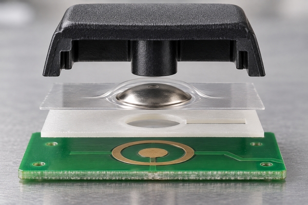 Centered keypad actuator above a circular metal dome, spacer vent and PCB contact pad