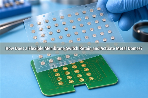 Flexible membrane carrier holding metal domes above PCB contact pads