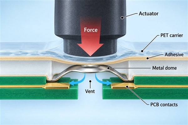 Force path through PET carrier and metal dome to PCB contacts