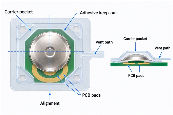 Flexible membrane carrier pocket, alignment and vent path over PCB pads