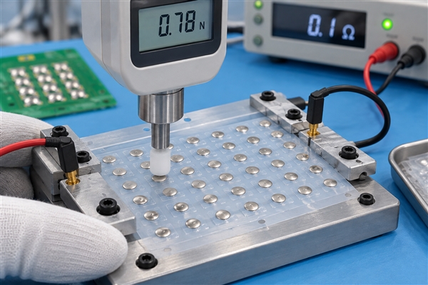 Force and continuity testing of a flexible membrane metal dome array