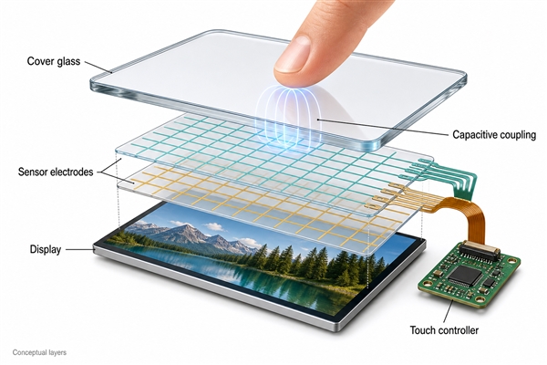 Conceptual capacitive touchscreen layers with sensor electrodes and controller