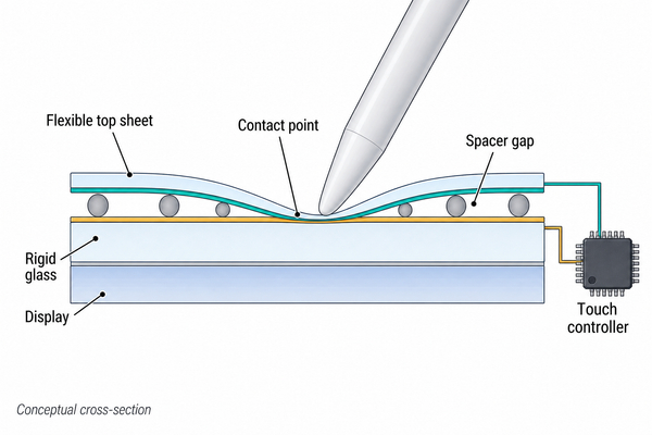 Resistive touchscreen conceptual cross-section showing pressure closing the spacer gap