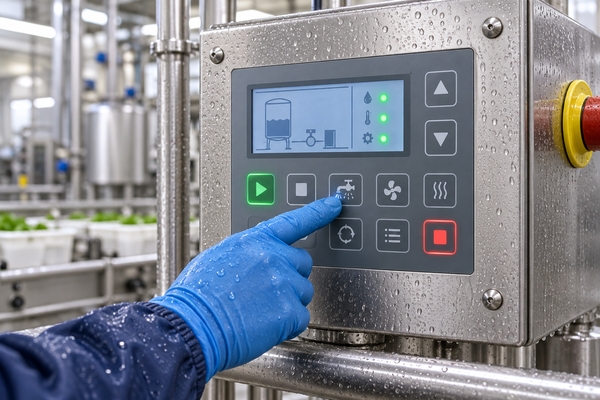 Gloved operator using a sealed industrial membrane keypad on a stainless steel process-control enclosure