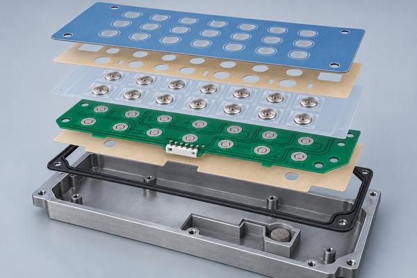 Exploded industrial membrane keypad stack with overlay, dome array, circuit and enclosure gasket