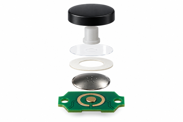 camera button stack with keycap plunger PET carrier round metal dome and PCB contacts
