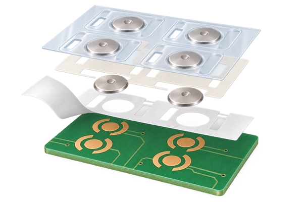 Exploded peel-and-place dome array stack with carrier adhesive liner and PCB contacts