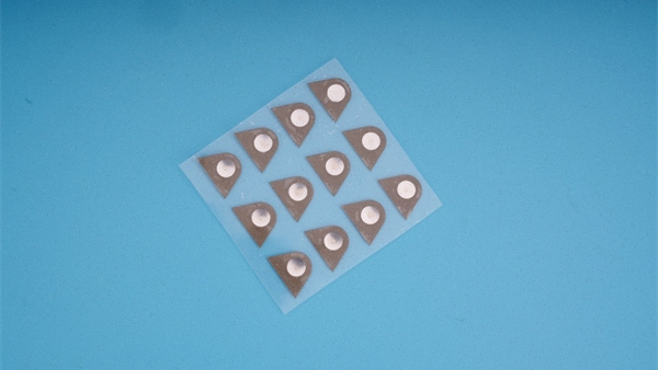 Real custom dome array carrier sample showing tactile domes held in registered positions