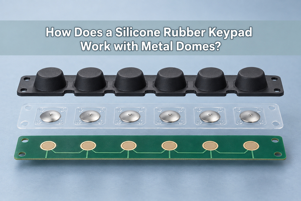 silicone rubber keypad above a round metal dome array and PCB