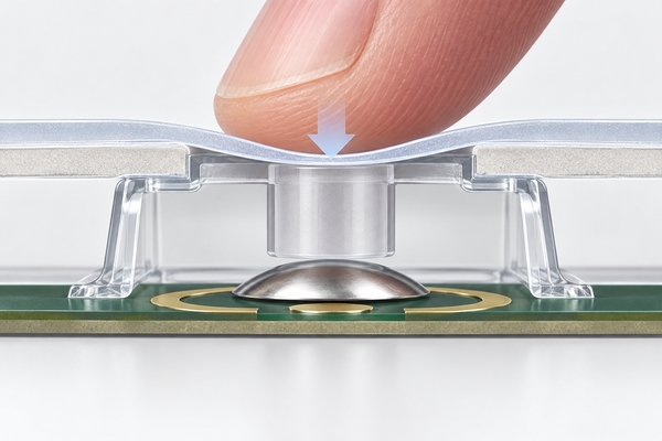 cross-sectional tactile membrane prototype showing centered actuator overlay round metal dome and isolated PCB contacts