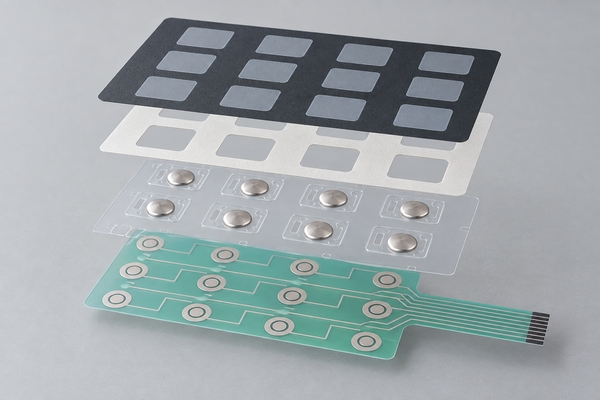 exploded production-intent tactile membrane prototype stack with overlay adhesive round metal domes circuit and rear adhesive