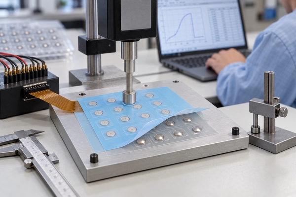 engineer validating an installed tactile membranes prototype for key force alignment circuit output and overlay registration