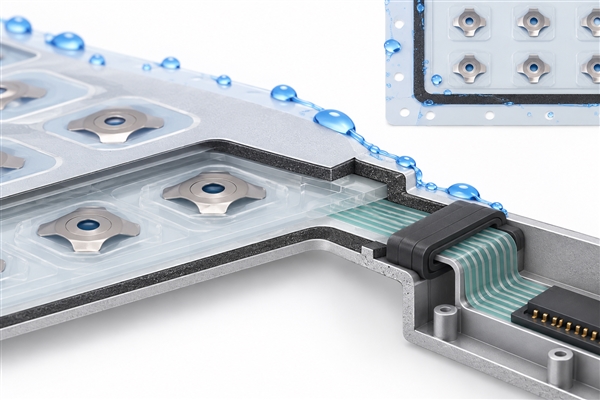 Waterproof membrane keypad cutaway showing perimeter and flexible tail sealing boundaries