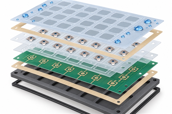 Exploded waterproof membrane keypad stack with overlay, perimeter adhesive, metal dome array, circuit and enclosure gasket