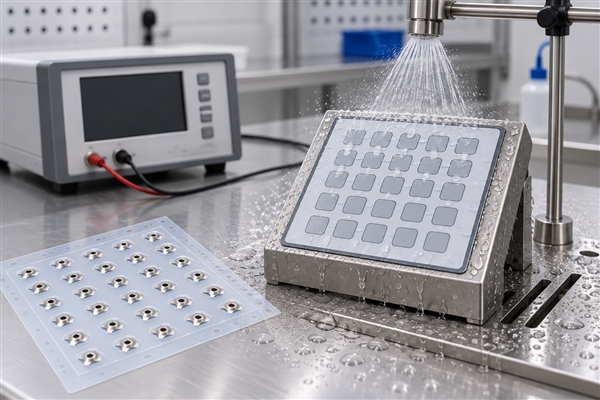 Controlled water spray verification of a sealed membrane keypad with a four-leg metal dome array reference sample