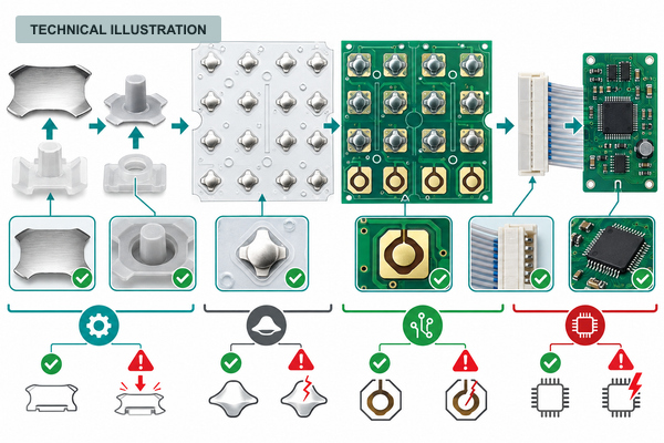 Technical illustration of ATM keypad fault isolation from keycap to dome array and PCB matrix