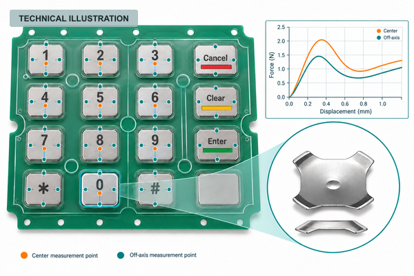 Technical illustration of ATM numeric keypad force mapping and off-axis press checks