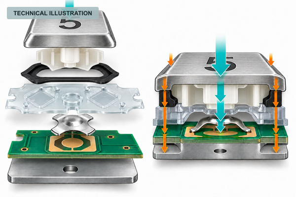 Technical illustration of ATM keycap plunger dome array and PCB contact stack