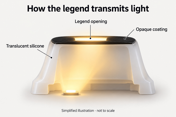 Simplified illustration of translucent silicone, opaque coating and a legend opening