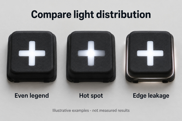 Illustrative comparison of even legend lighting, a hot spot and edge leakage