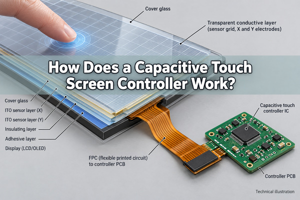 Technical illustration of a capacitive touch screen controller and sensor panel