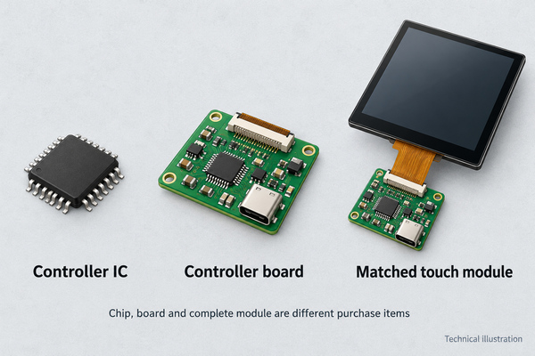 Technical illustration comparing a controller IC, controller board and matched touch module