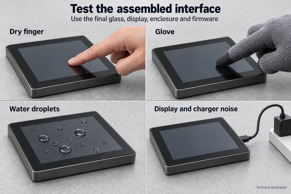 Technical illustration of dry finger, glove, water and charger test conditions
