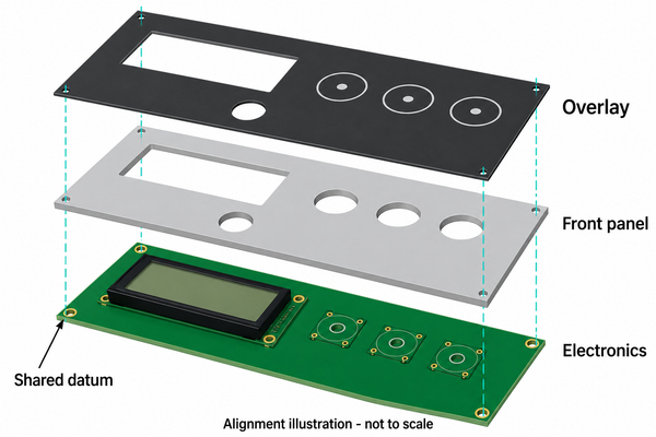 Alignment illustration showing the overlay, front panel and electronics located from shared references