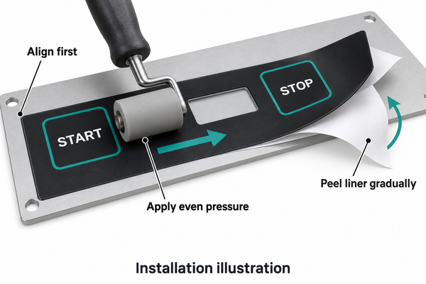 Installation illustration showing progressive liner removal and even pressure on a supported panel