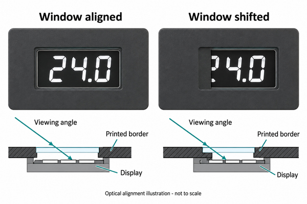 Optical alignment illustration comparing an unobstructed display window and an offset printed border
