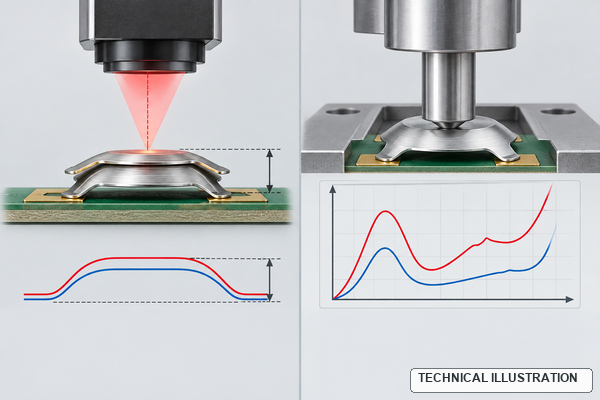 Technical illustration of height-profile inspection and force-displacement testing for a nested double metal dome